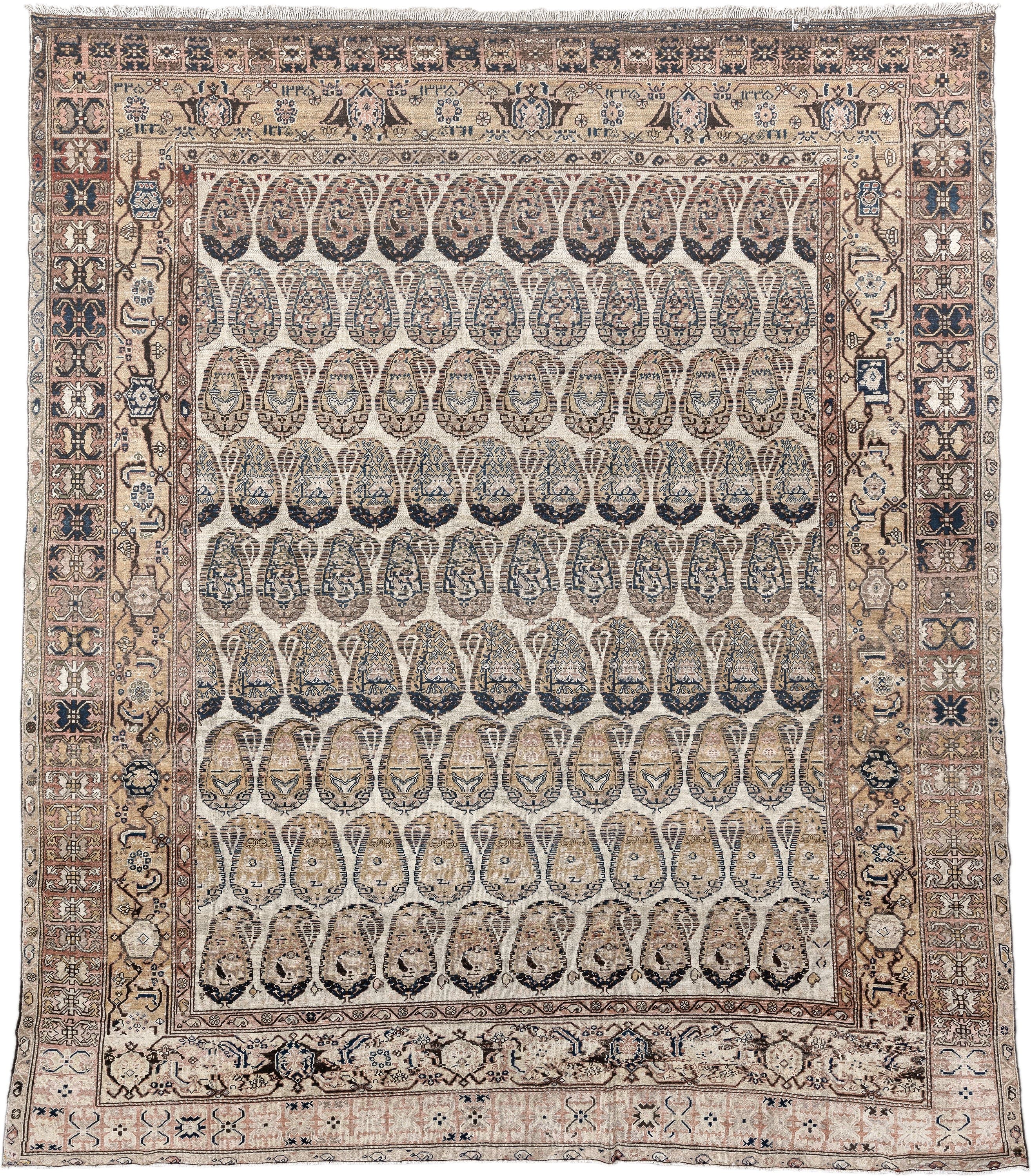 10' x 11' one-of-a-kind handmade vintage Malayer large size rug. Color palette: ivory, taupe, camel, navy, blush, brown