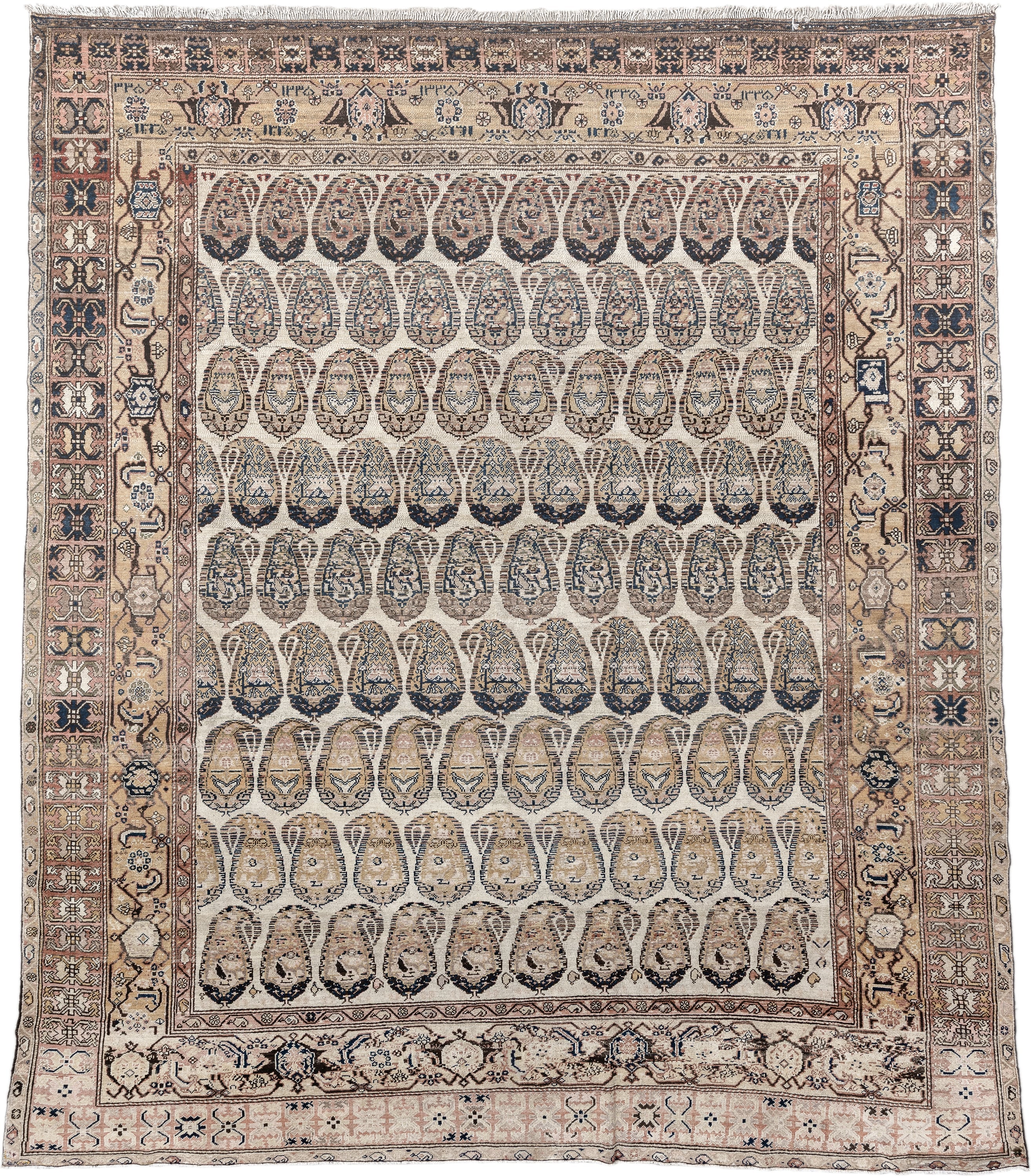 10' x 11' one-of-a-kind handmade vintage Malayer large size rug. Color palette: ivory, taupe, camel, navy, blush, brown