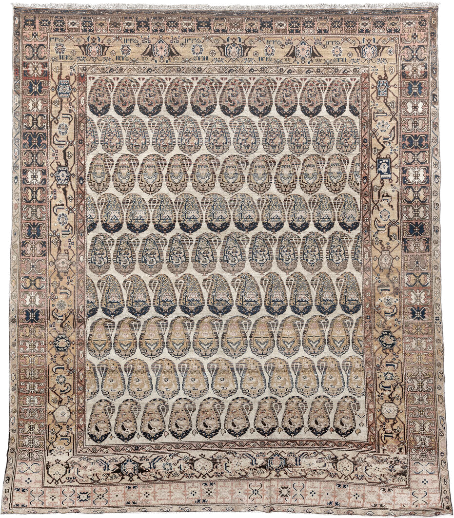 10' x 11' one-of-a-kind handmade vintage Malayer large size rug. Color palette: ivory, taupe, camel, navy, blush, brown