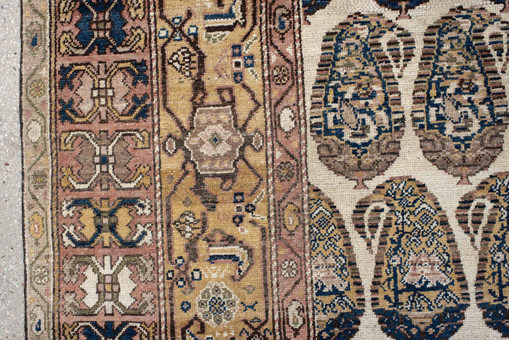 10' x 11' one-of-a-kind handmade vintage Malayer large size rug. Color palette: ivory, taupe, camel, navy, blush, brown