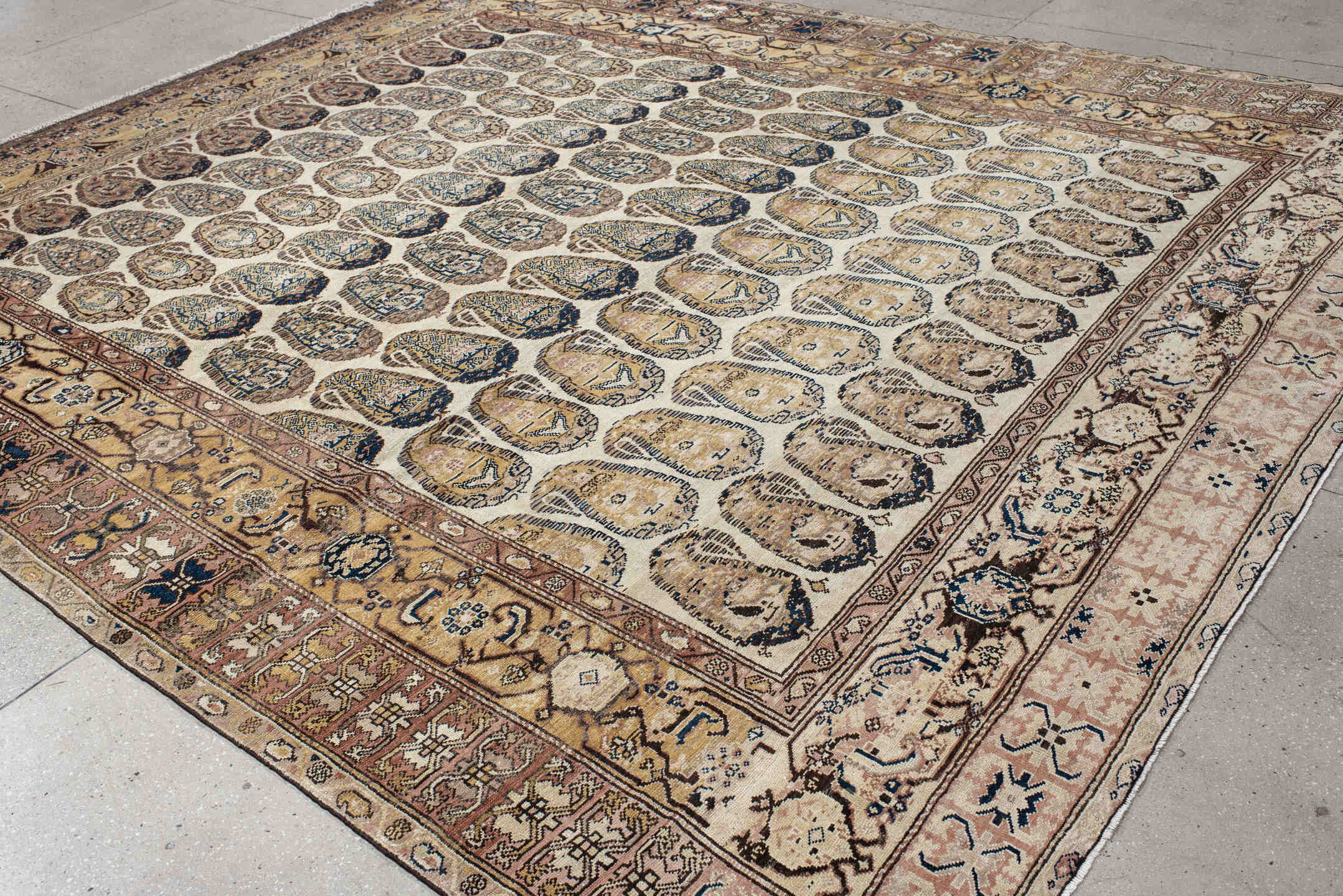 10' x 11' one-of-a-kind handmade vintage Malayer large size rug. Color palette: ivory, taupe, camel, navy, blush, brown