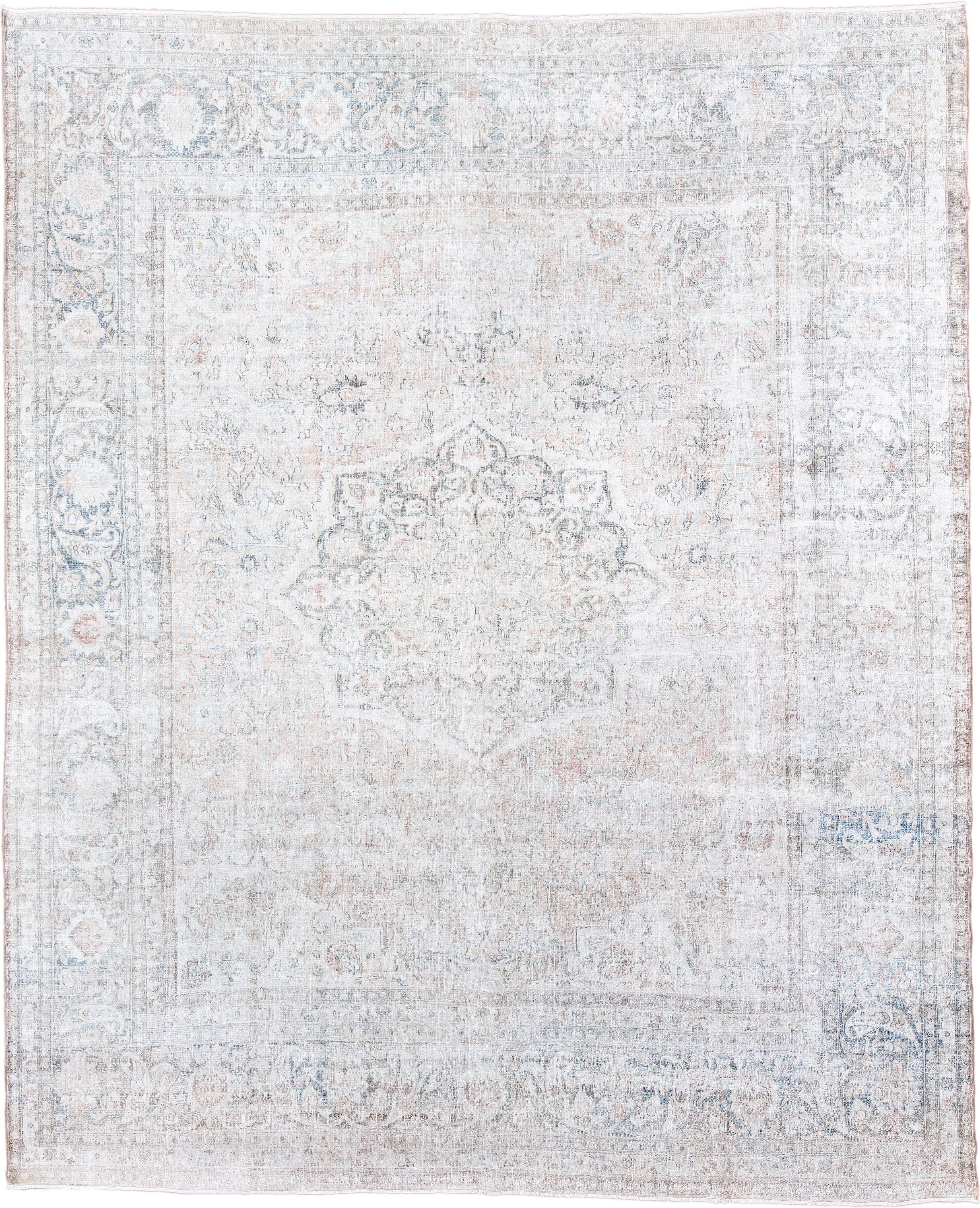 10' x 12' one-of-a-kind handmade antique Khorassan oversize rug. Color palette: ivory, pale blue, cream, blush, taupe, sage