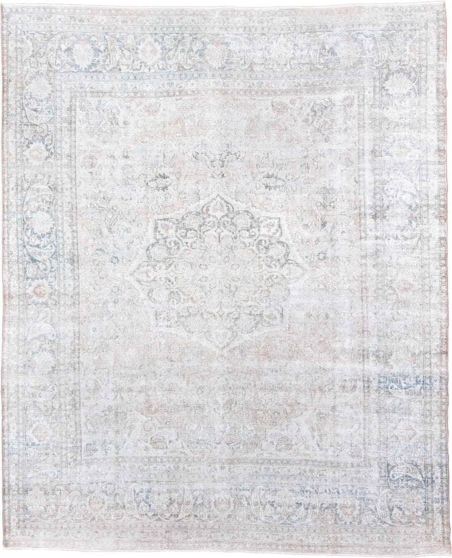 10' x 12' one-of-a-kind handmade antique Khorassan oversize rug. Color palette: ivory, pale blue, cream, blush, taupe, sage