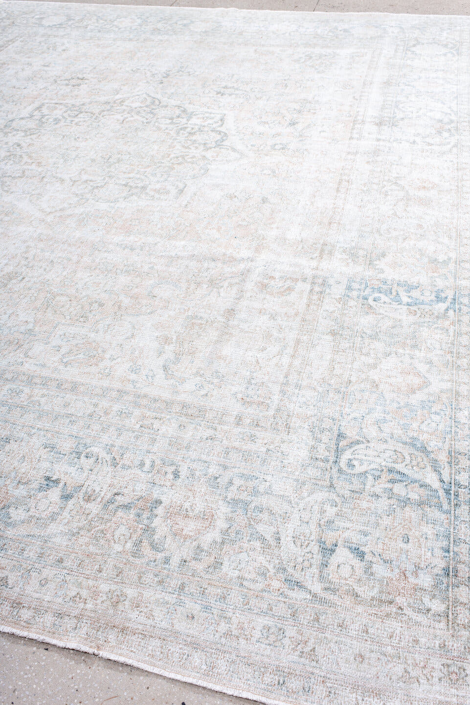 10' x 12' one-of-a-kind handmade antique Khorassan oversize rug. Color palette: ivory, pale blue, cream, blush, taupe, sage