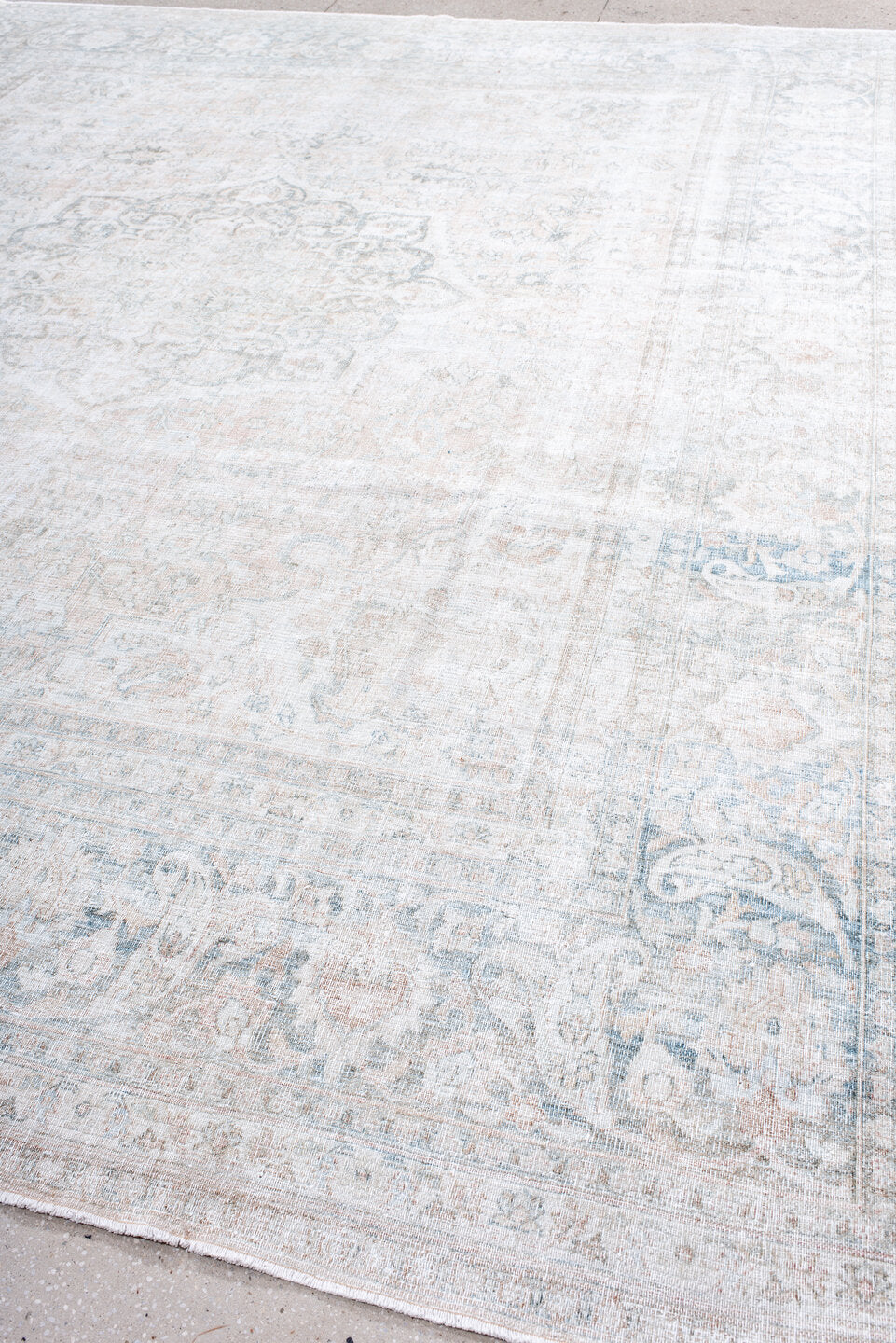 10' x 12' one-of-a-kind handmade antique Khorassan oversize rug. Color palette: ivory, pale blue, cream, blush, taupe, sage