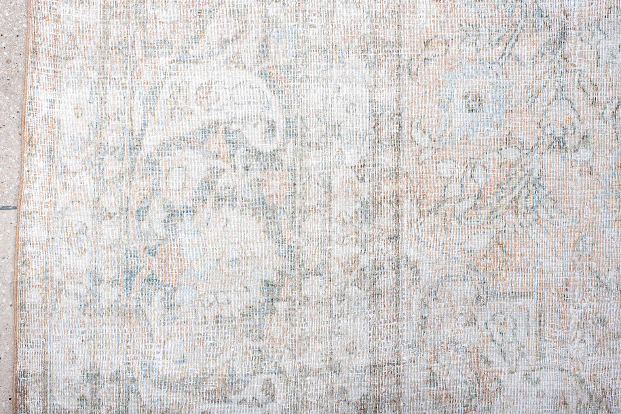 10' x 12' one-of-a-kind handmade antique Khorassan oversize rug. Color palette: ivory, pale blue, cream, blush, taupe, sage