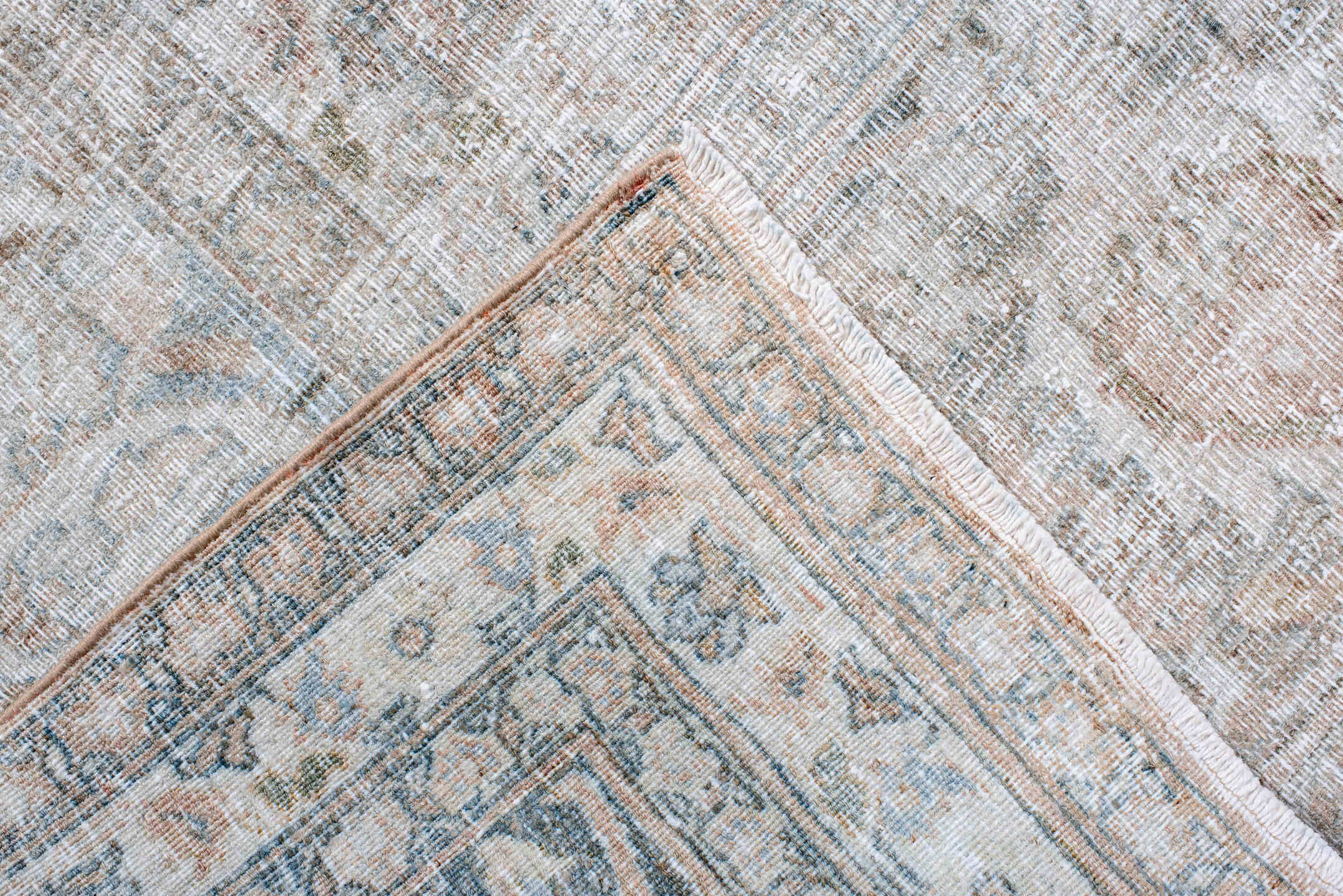 10' x 12' one-of-a-kind handmade antique Khorassan oversize rug. Color palette: ivory, pale blue, cream, blush, taupe, sage