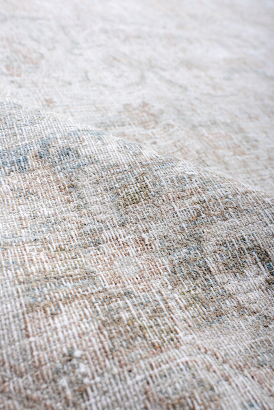10' x 12' one-of-a-kind handmade antique Khorassan oversize rug. Color palette: ivory, pale blue, cream, blush, taupe, sage