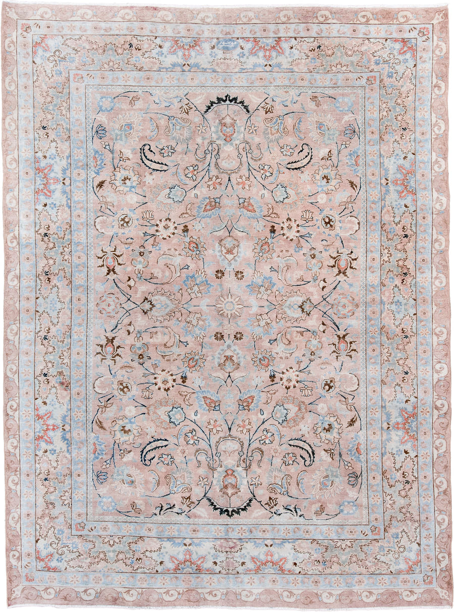 8' x 10' one-of-a-kind handmade antique Tabriz large size rug. Color palette: blush, ivory, pale blue, taupe, camel