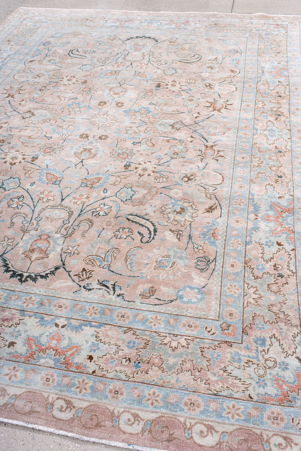 8' x 10' one-of-a-kind handmade antique Tabriz large size rug. Color palette: blush, ivory, pale blue, taupe, camel