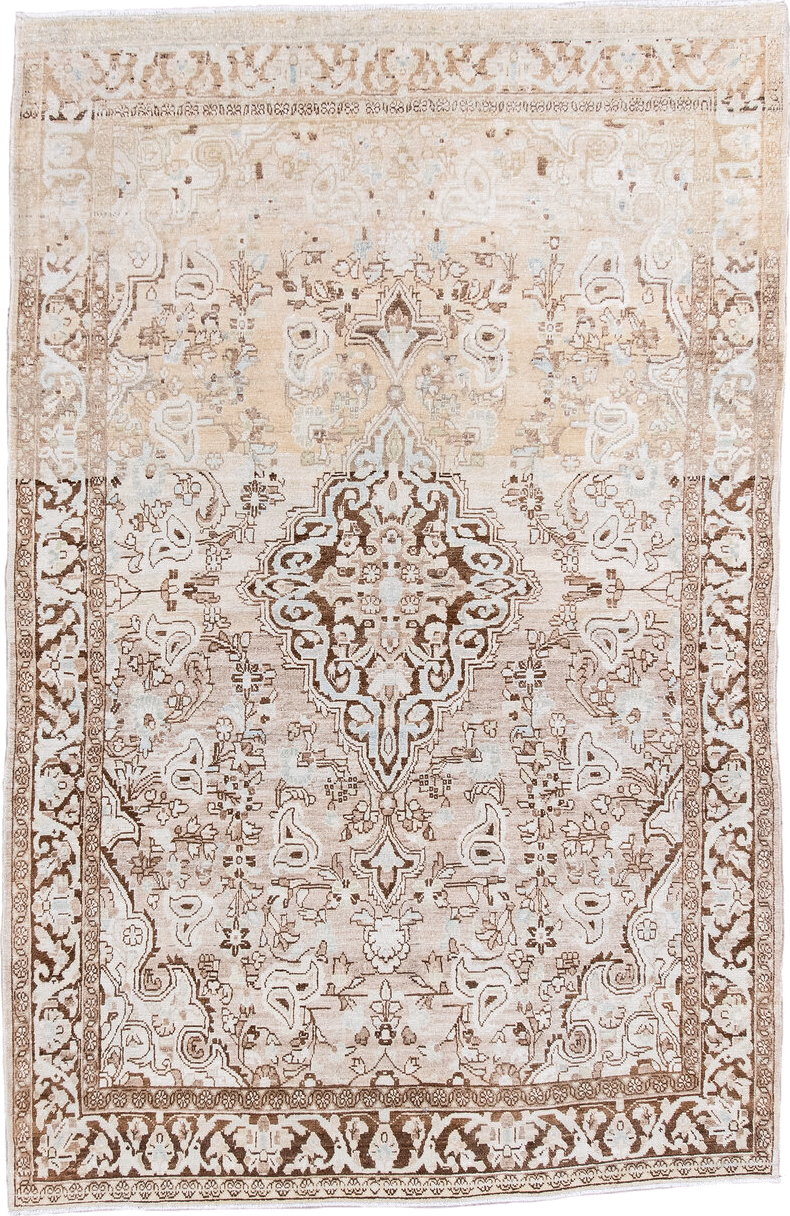 4' x 6' one-of-a-kind handmade antique Sarouk small size rug. Color palette: ivory, taupe, camel, brown, cream, beige, gray