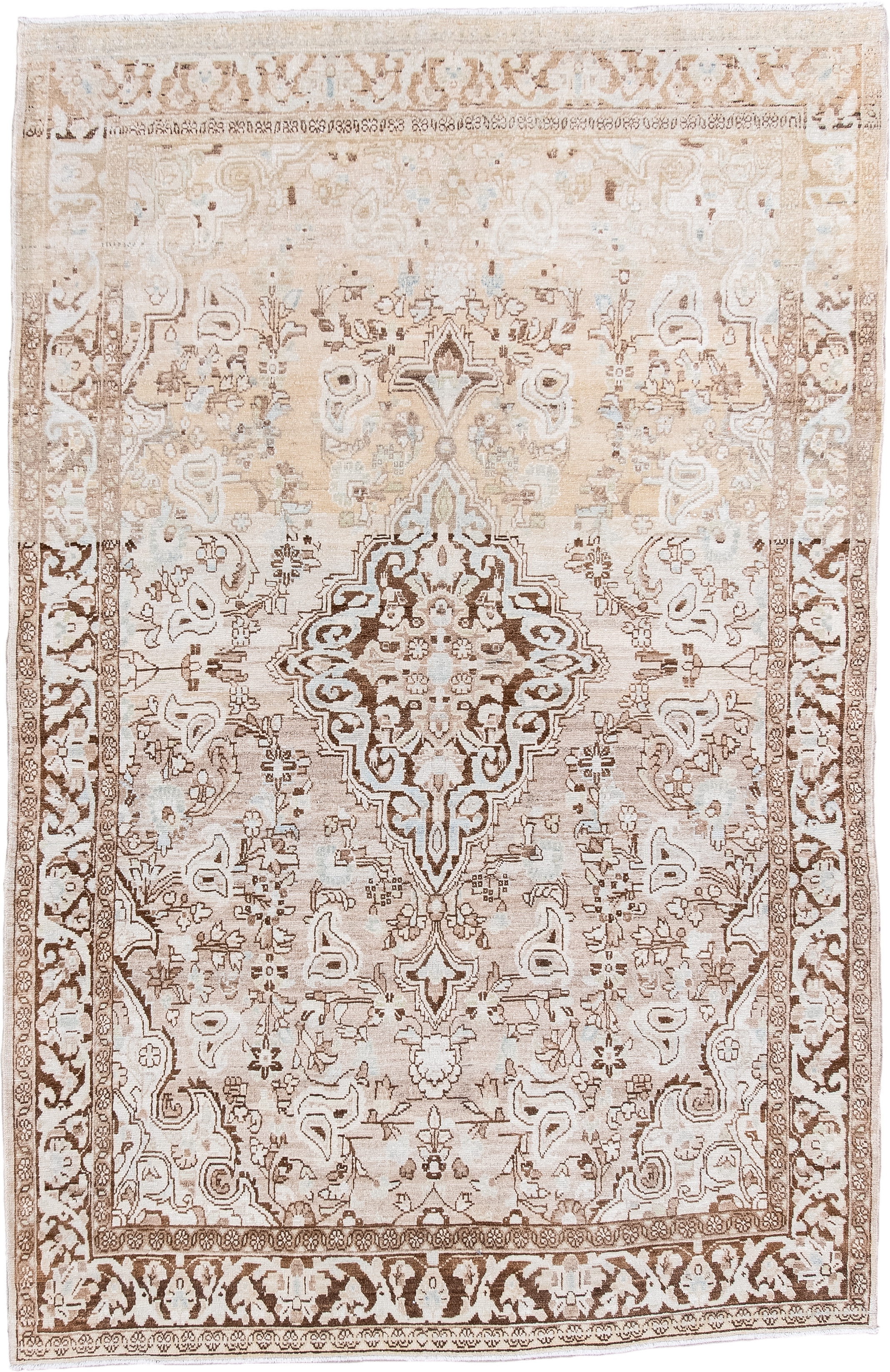 4' x 6' one-of-a-kind handmade antique Sarouk small size rug. Color palette: ivory, taupe, camel, brown, cream, beige, gray