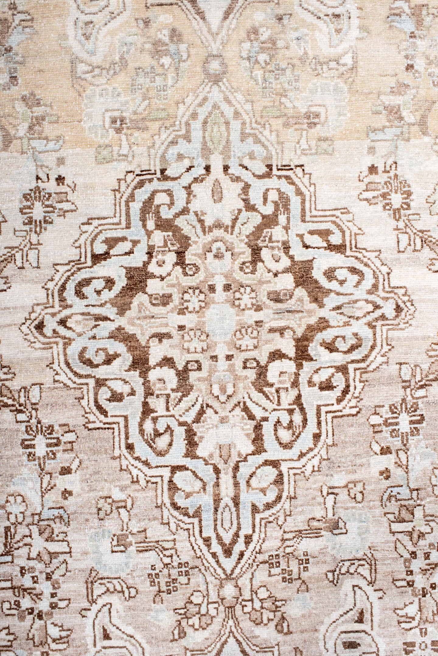 4' x 6' one-of-a-kind handmade antique Sarouk small size rug. Color palette: ivory, taupe, camel, brown, cream, beige, gray