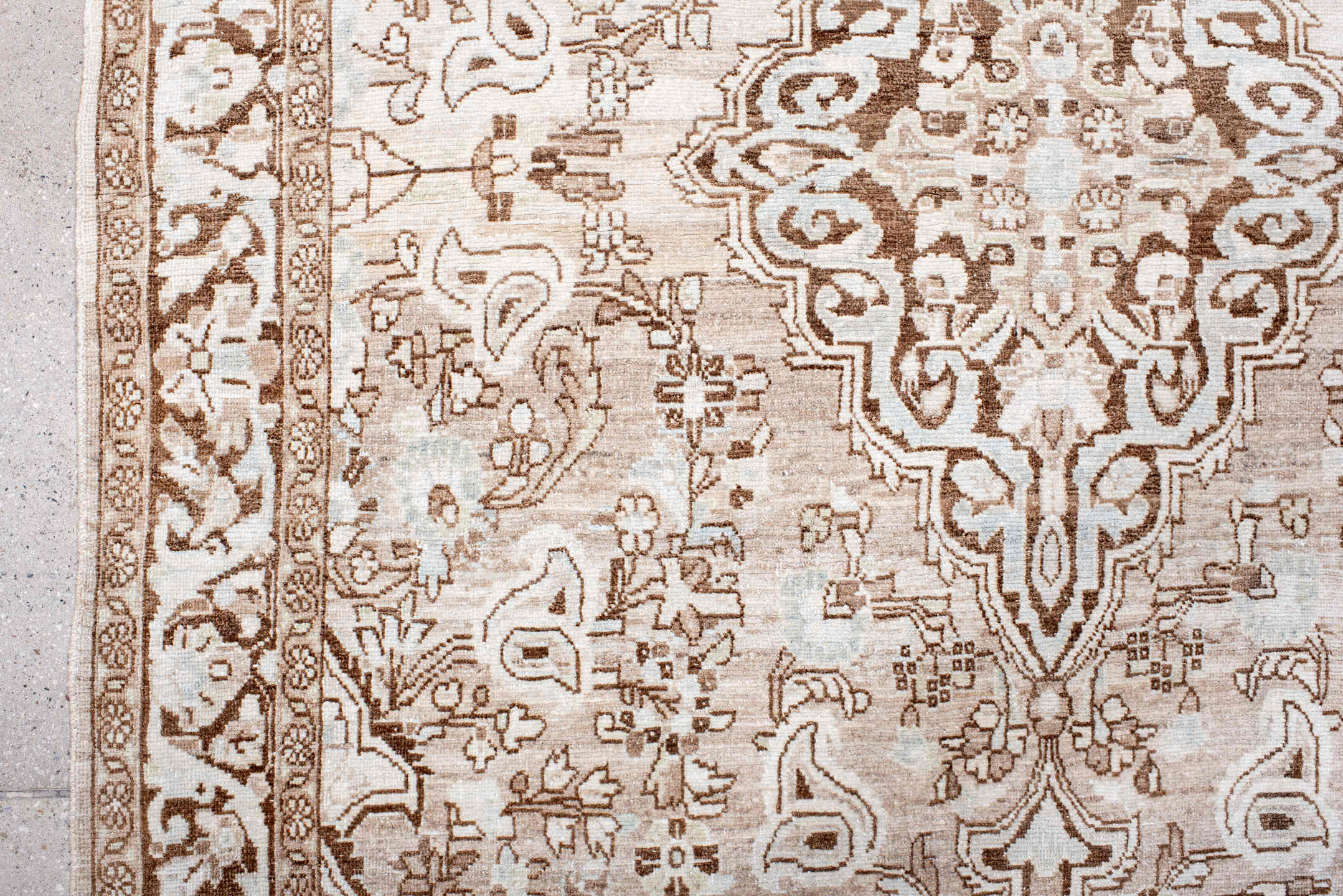4' x 6' one-of-a-kind handmade antique Sarouk small size rug. Color palette: ivory, taupe, camel, brown, cream, beige, gray