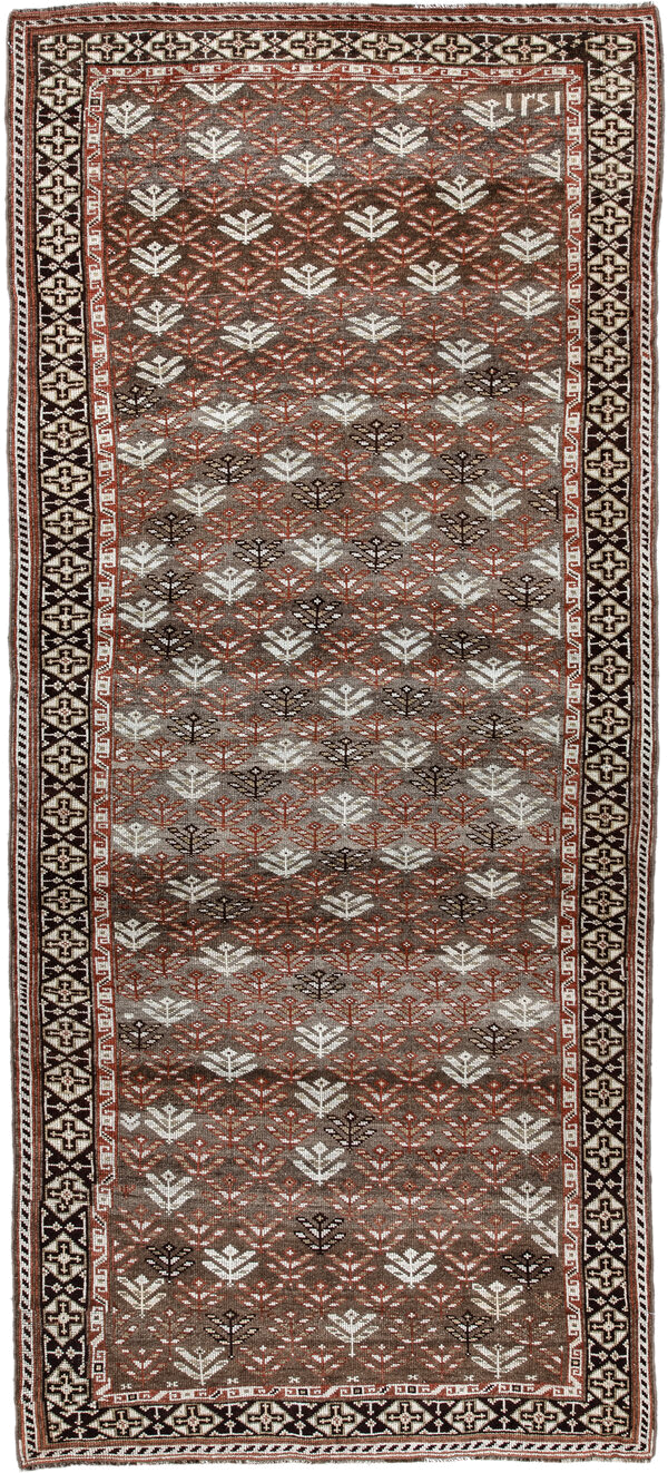 4' x 9' one-of-a-kind handmade antique Kurd runner rug. Color palette: taupe, brown, ivory, rust, charcoal, beige, gray