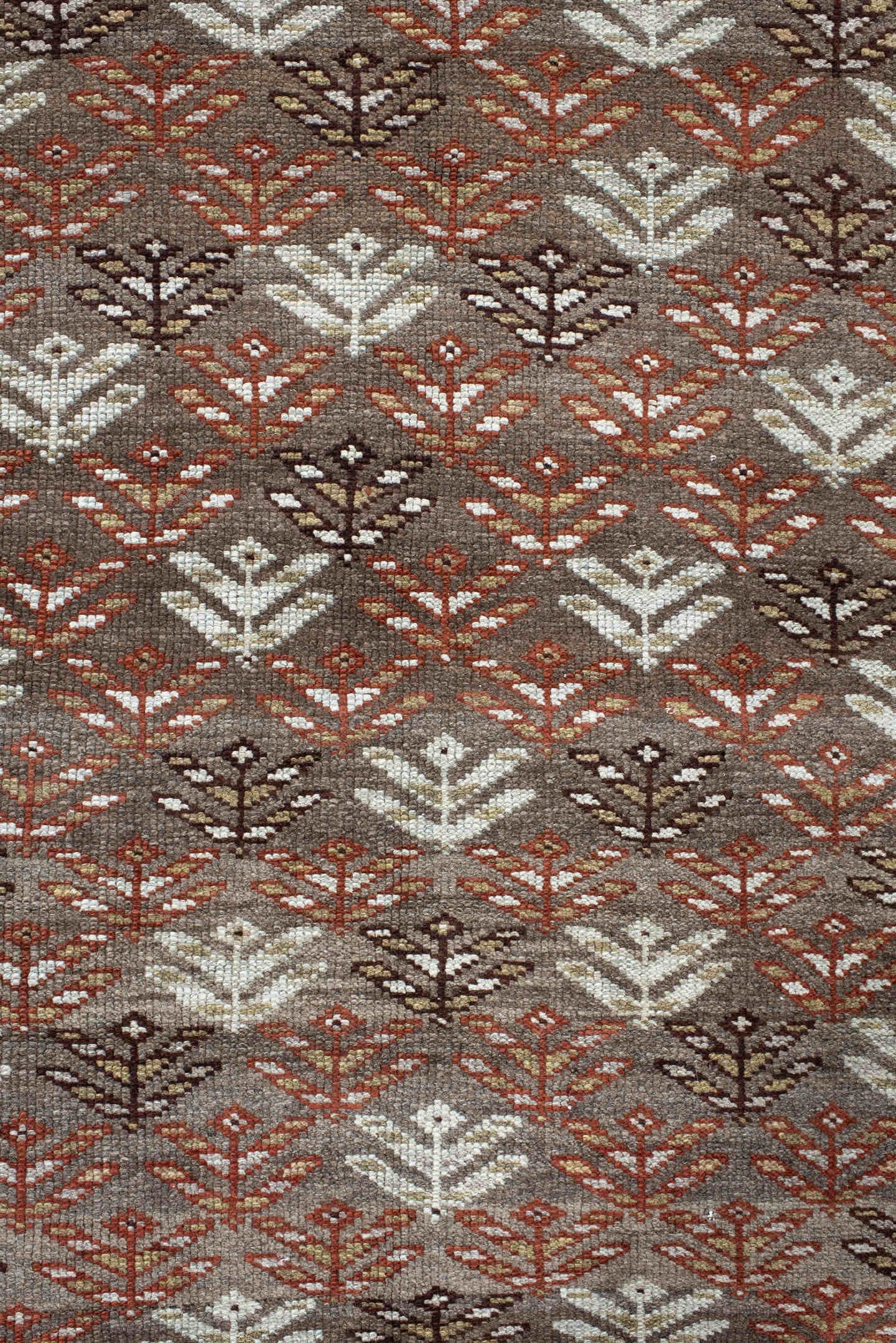4' x 9' one-of-a-kind handmade antique Kurd runner rug. Color palette: taupe, brown, ivory, rust, charcoal, beige, gray