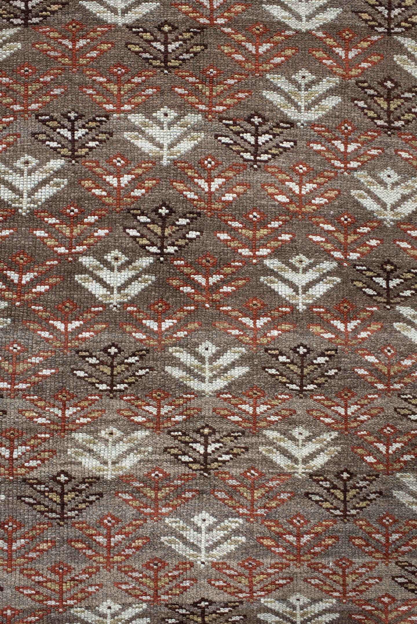 4' x 9' one-of-a-kind handmade antique Kurd runner rug. Color palette: taupe, brown, ivory, rust, charcoal, beige, gray