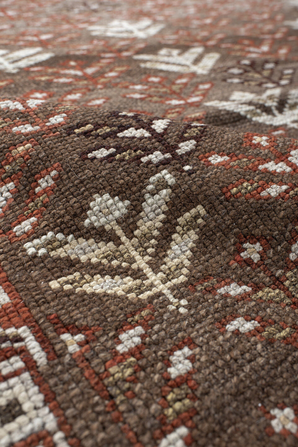 4' x 9' one-of-a-kind handmade antique Kurd runner rug. Color palette: taupe, brown, ivory, rust, charcoal, beige, gray