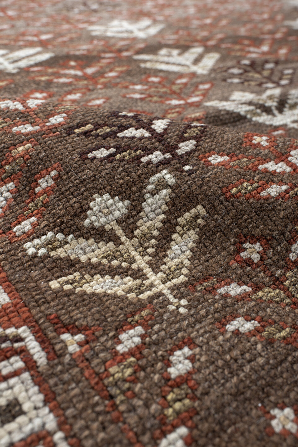 4' x 9' one-of-a-kind handmade antique Kurd runner rug. Color palette: taupe, brown, ivory, rust, charcoal, beige, gray