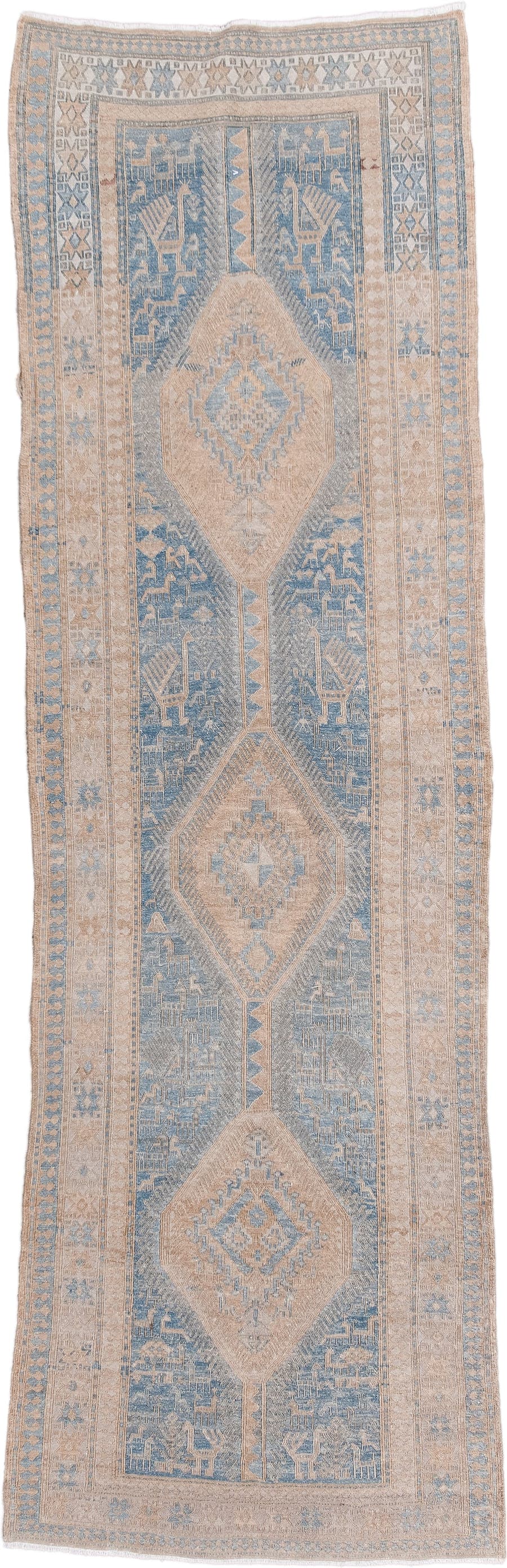 2' x 9' one-of-a-kind handmade antique Sumak runner rug. Color palette: powder blue, ivory, sand, taupe, pale blue, beige