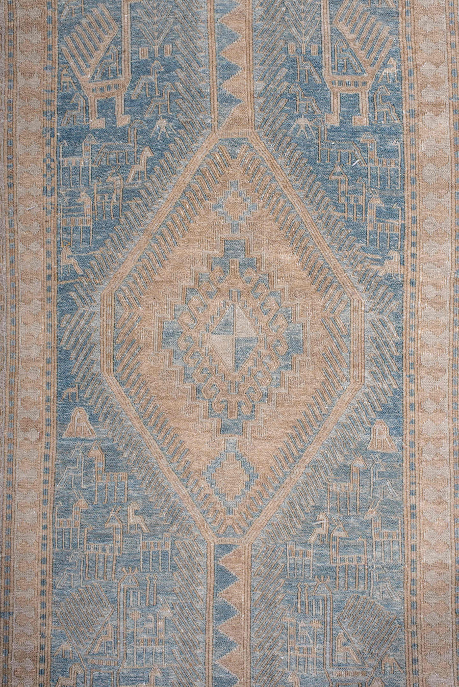 2' x 9' one-of-a-kind handmade antique Sumak runner rug. Color palette: powder blue, ivory, sand, taupe, pale blue, beige