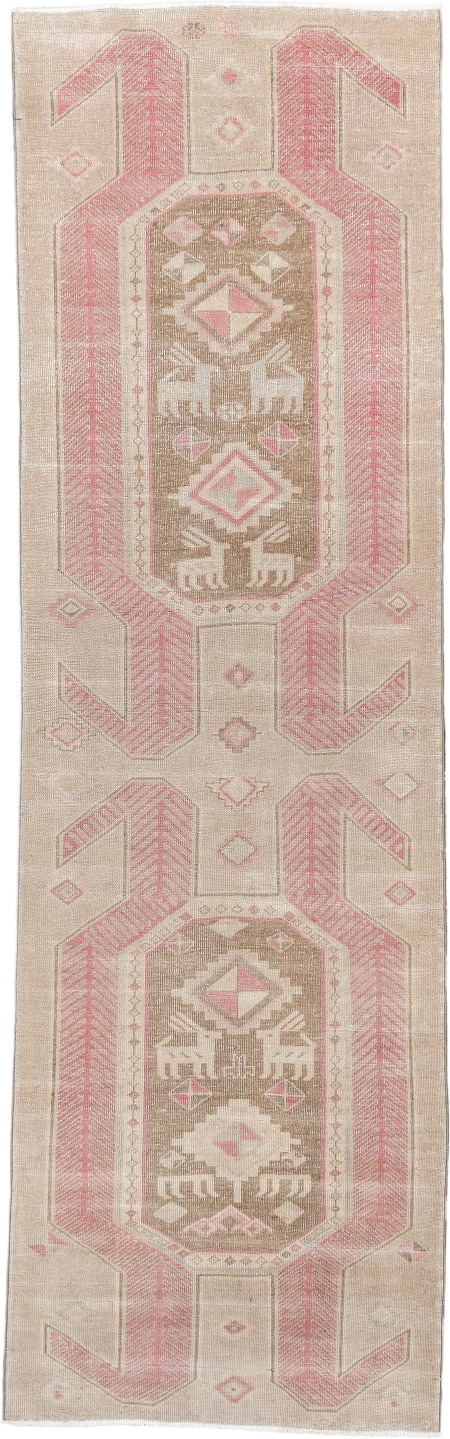 2' x 9' one-of-a-kind handmade antique Saraband runner rug. Color palette: taupe, blush pink, ivory, beige, sand, gray, pink