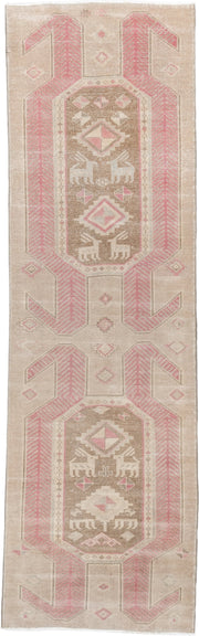 2' x 9' one-of-a-kind handmade antique Saraband runner rug. Color palette: taupe, blush pink, ivory, beige, sand, gray, pink