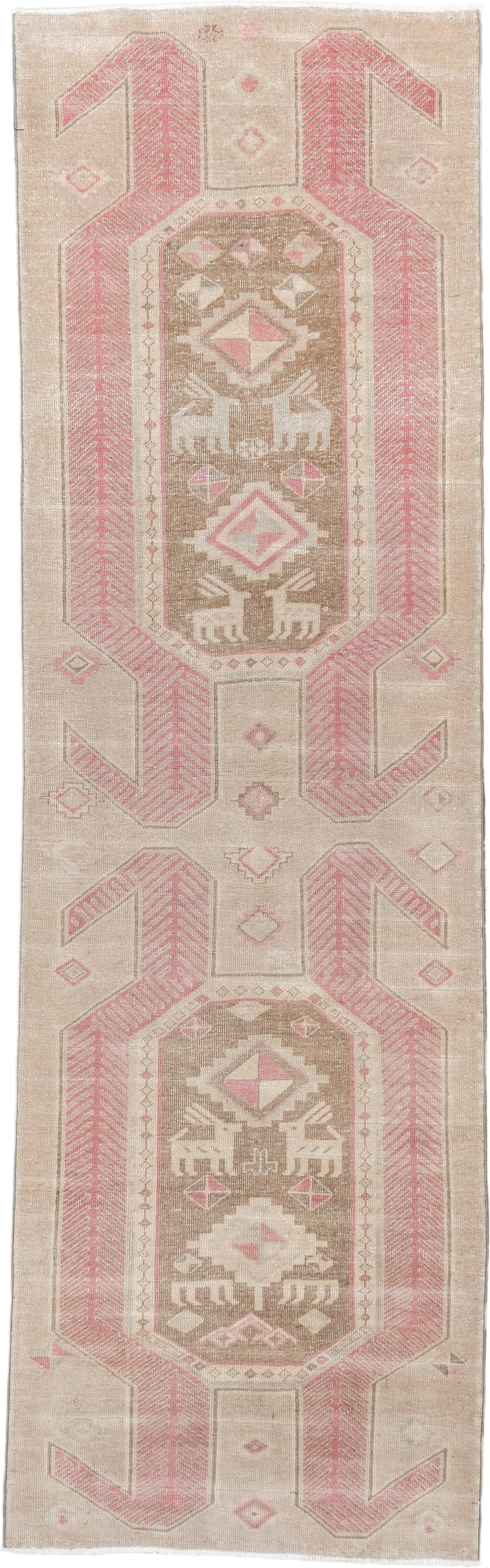 2' x 9' one-of-a-kind handmade antique Saraband runner rug. Color palette: taupe, blush pink, ivory, beige, sand, gray, pink