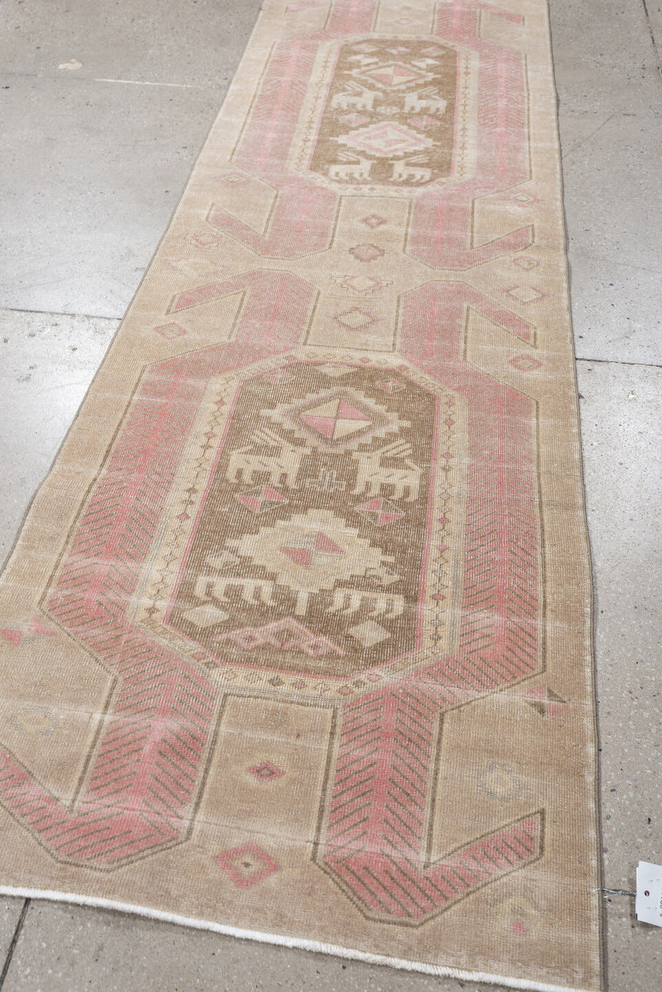 2' x 9' one-of-a-kind handmade antique Saraband runner rug. Color palette: taupe, blush pink, ivory, beige, sand, gray, pink