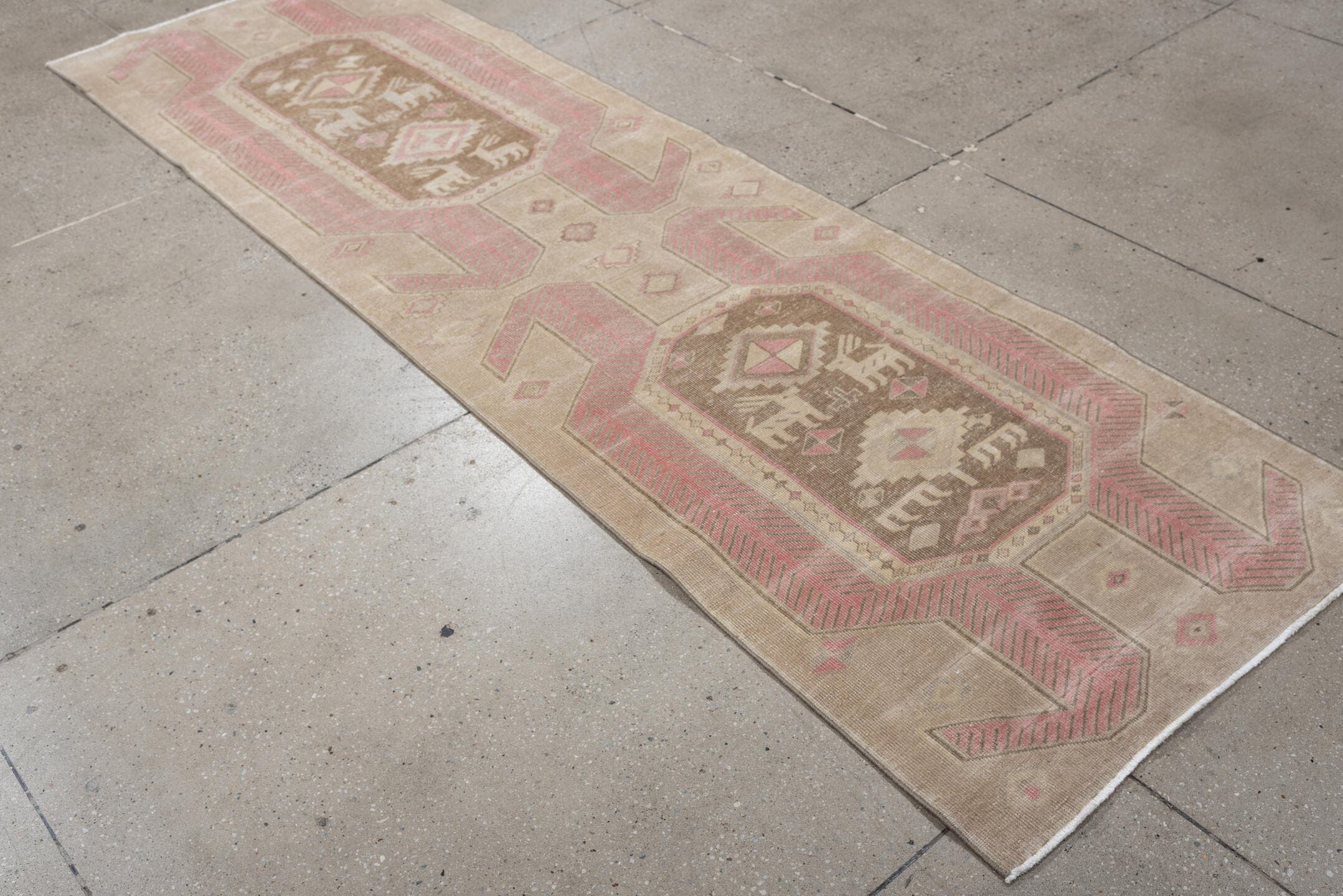 2' x 9' one-of-a-kind handmade antique Saraband runner rug. Color palette: taupe, blush pink, ivory, beige, sand, gray, pink