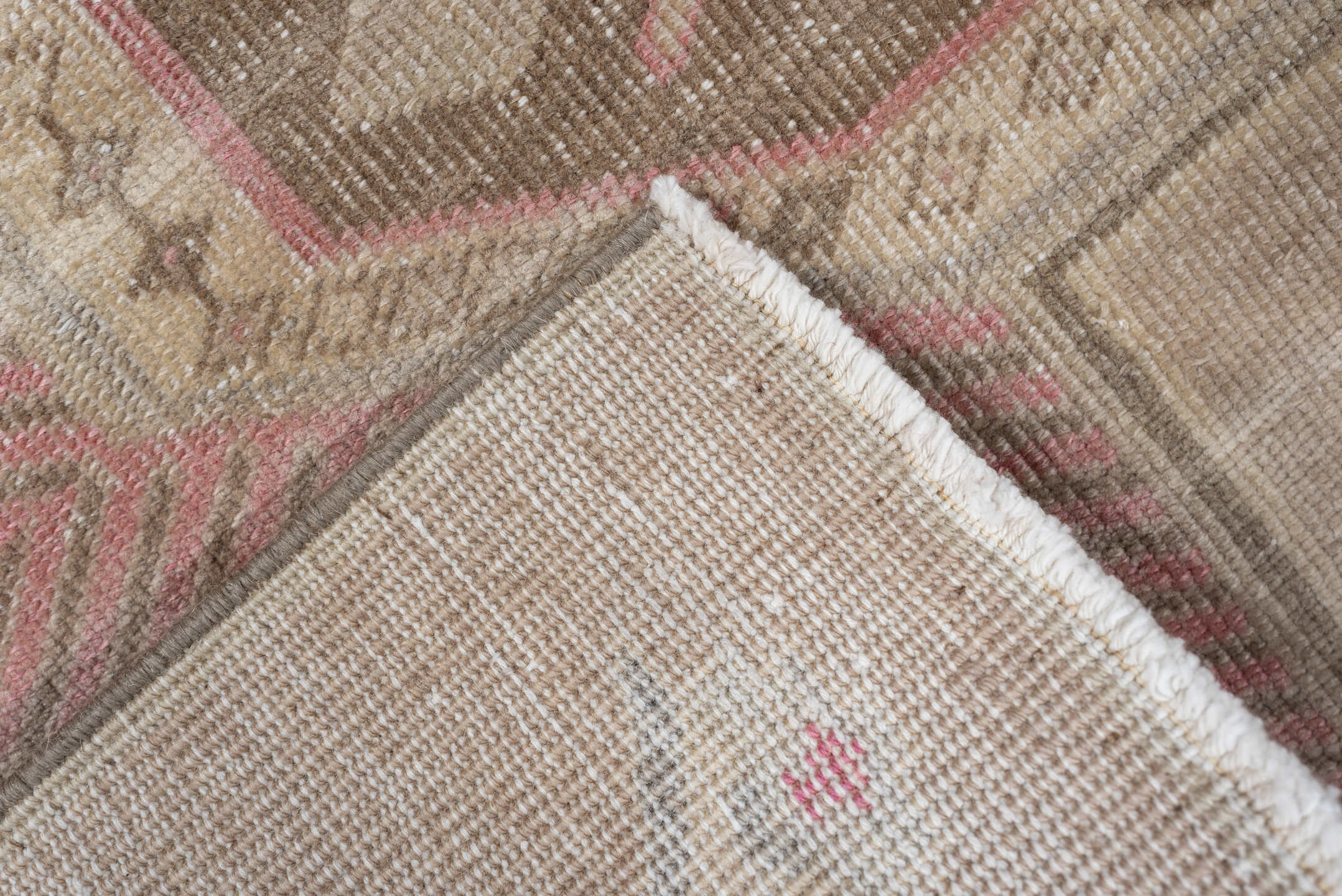 2' x 9' one-of-a-kind handmade antique Saraband runner rug. Color palette: taupe, blush pink, ivory, beige, sand, gray, pink