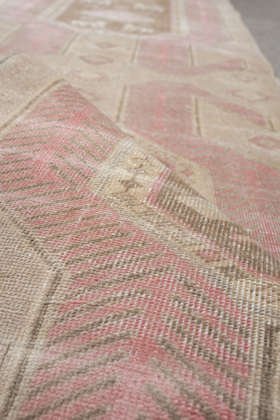2' x 9' one-of-a-kind handmade antique Saraband runner rug. Color palette: taupe, blush pink, ivory, beige, sand, gray, pink