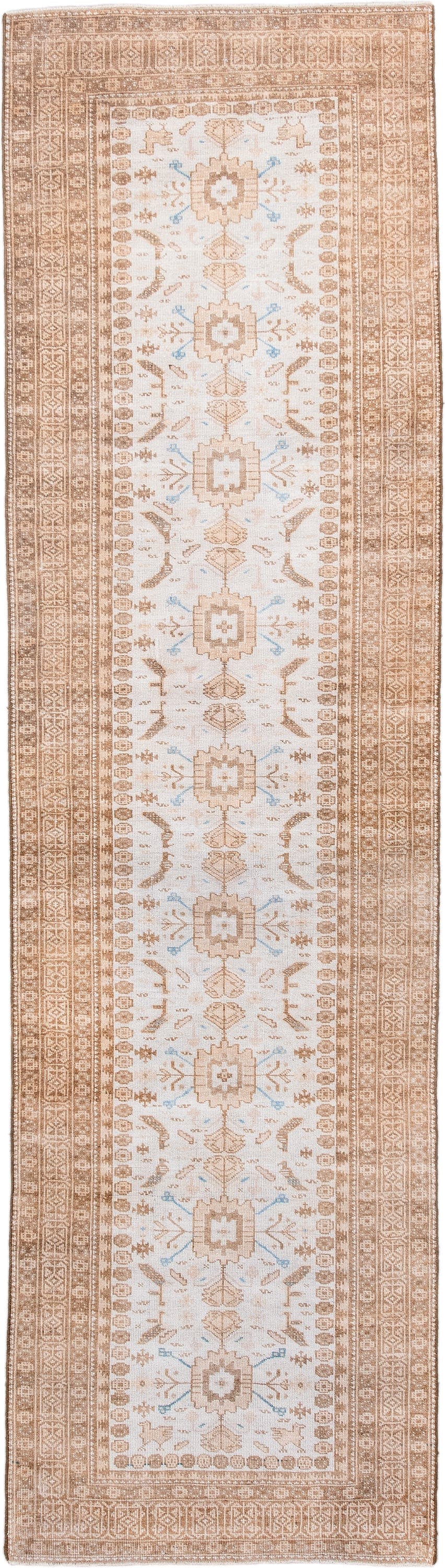 2' x 10' one-of-a-kind handmade antique Belouch runner rug. Color palette: ivory, camel, taupe, sand, pale blue, beige, gray