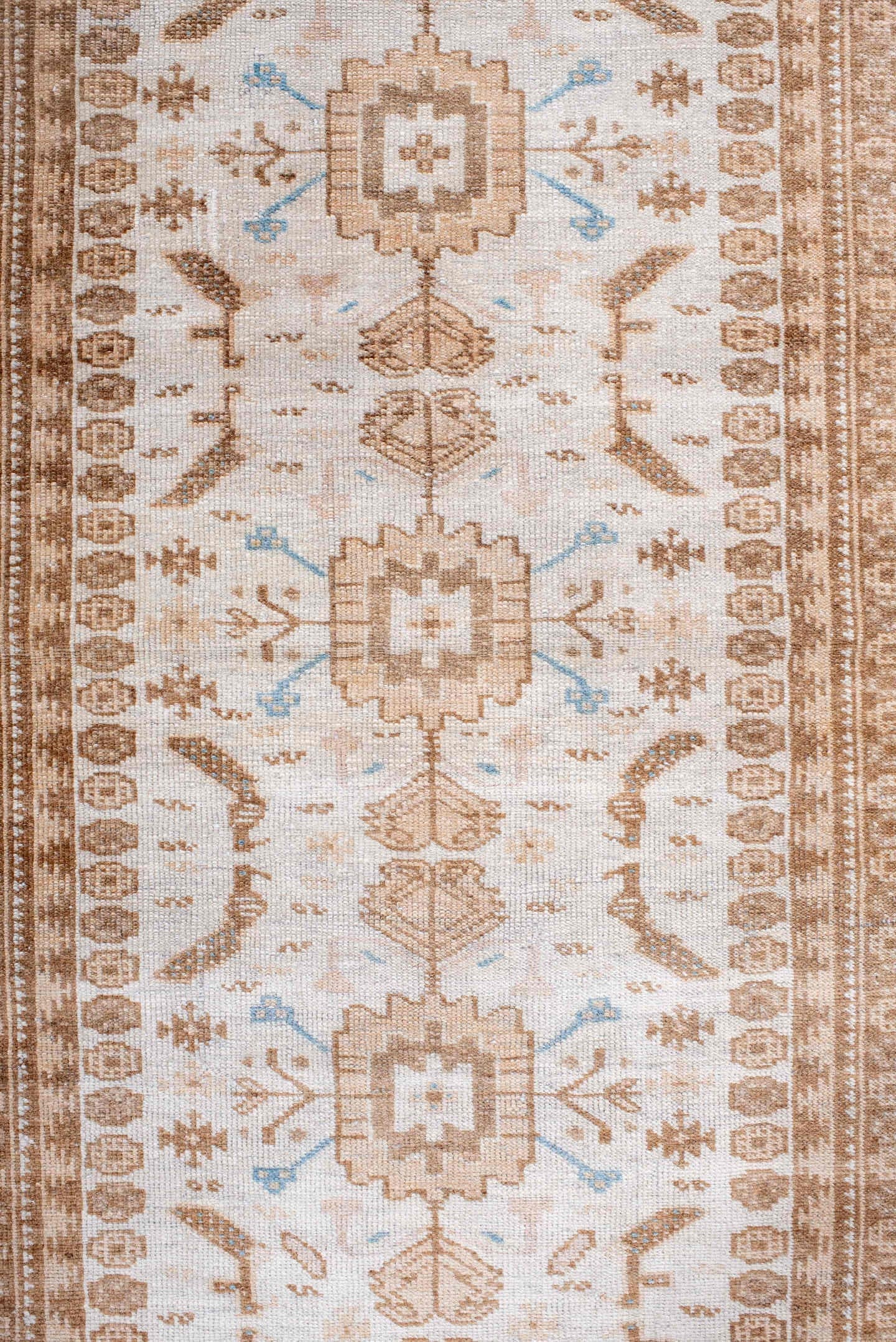 2' x 10' one-of-a-kind handmade antique Belouch runner rug. Color palette: ivory, camel, taupe, sand, pale blue, beige, gray
