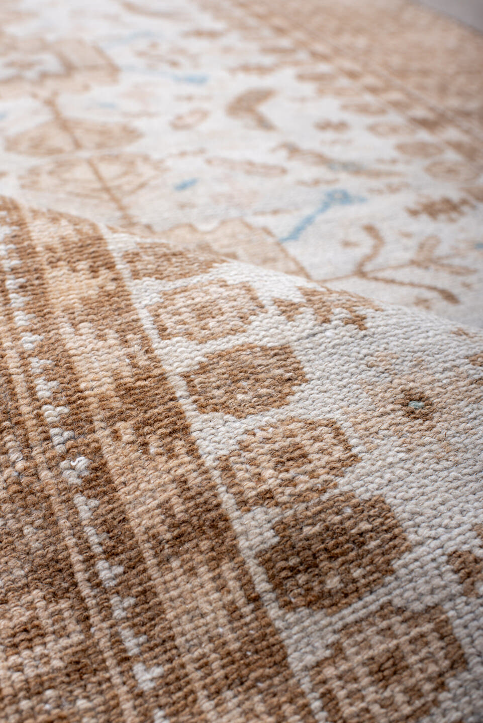 2' x 10' one-of-a-kind handmade antique Belouch runner rug. Color palette: ivory, camel, taupe, sand, pale blue, beige, gray