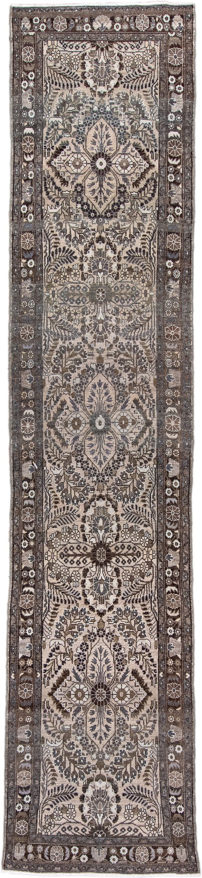 2' x 12' one-of-a-kind handmade antique Dargazin runner rug. Color palette: ivory, brown, taupe, charcoal, slate, camel
