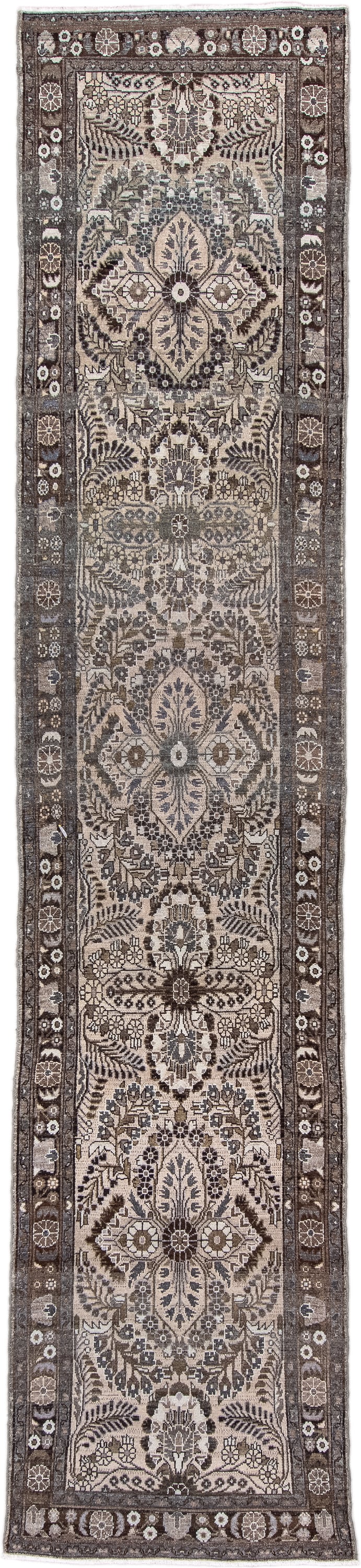 2' x 12' one-of-a-kind handmade antique Dargazin runner rug. Color palette: ivory, brown, taupe, charcoal, slate, camel