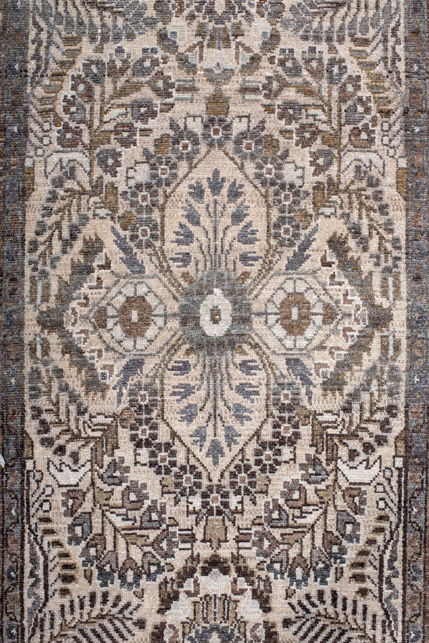 2' x 12' one-of-a-kind handmade antique Dargazin runner rug. Color palette: ivory, brown, taupe, charcoal, slate, camel