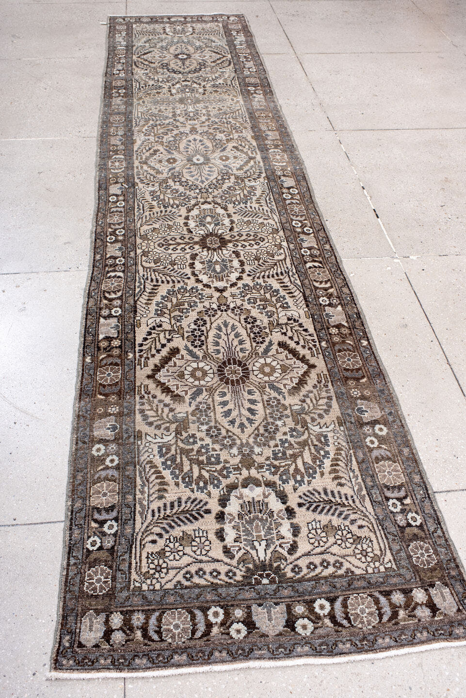 2' x 12' one-of-a-kind handmade antique Dargazin runner rug. Color palette: ivory, brown, taupe, charcoal, slate, camel