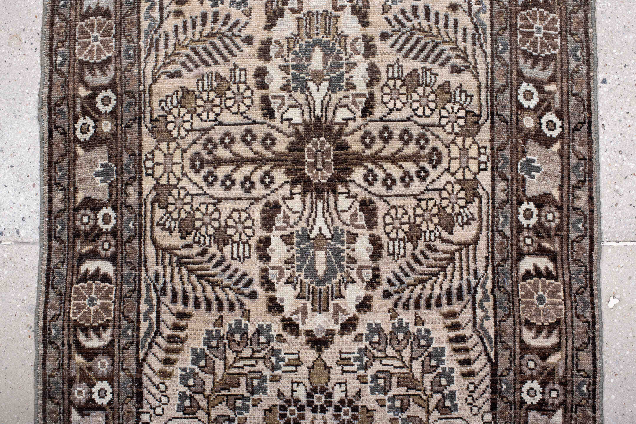 2' x 12' one-of-a-kind handmade antique Dargazin runner rug. Color palette: ivory, brown, taupe, charcoal, slate, camel