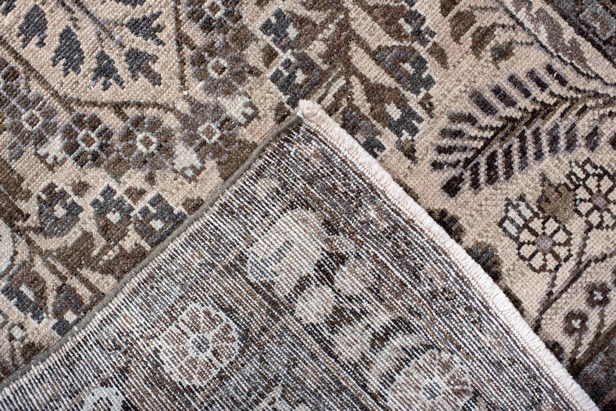2' x 12' one-of-a-kind handmade antique Dargazin runner rug. Color palette: ivory, brown, taupe, charcoal, slate, camel