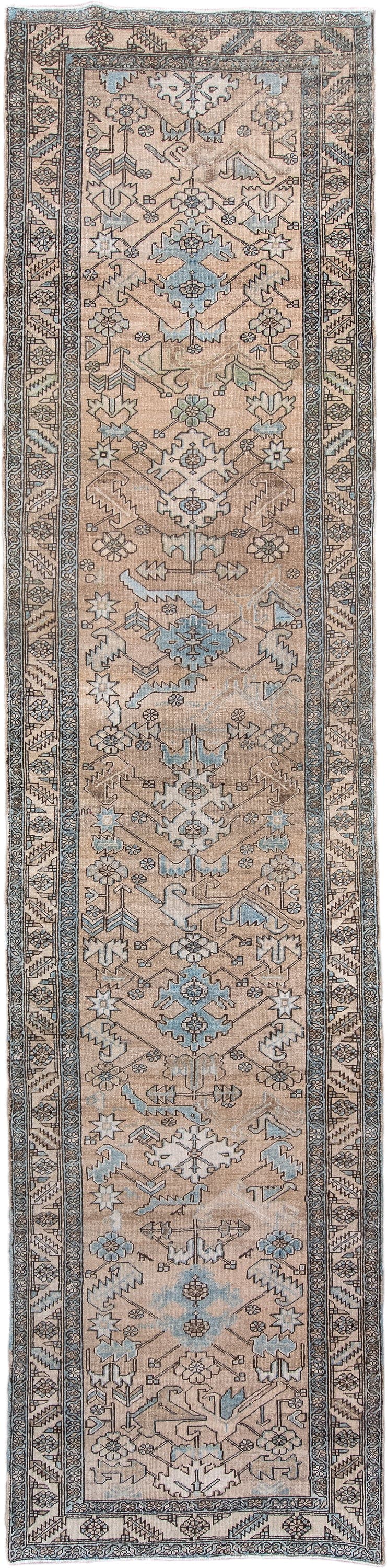 3' x 14' one-of-a-kind handmade antique Heriz runner rug. Color palette: camel, ivory, pale blue, charcoal, taupe, slate