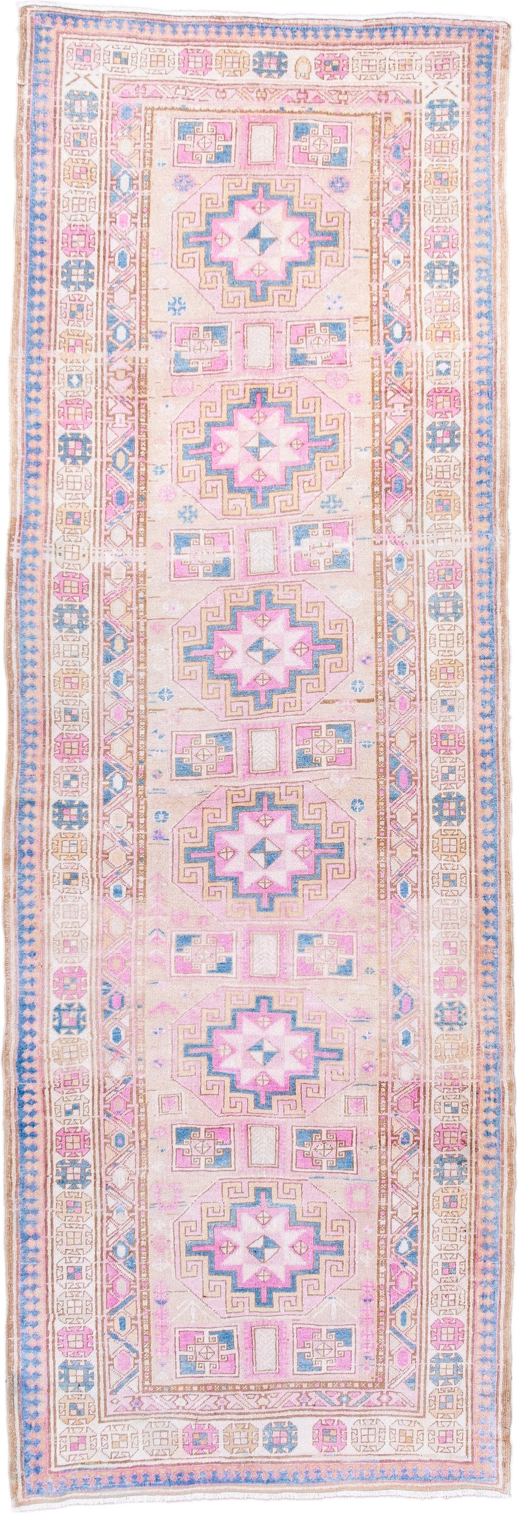 3' x 9' one-of-a-kind handmade antique Sarab runner rug. Color palette: ivory, blush, sky blue, camel, taupe, rose, pink