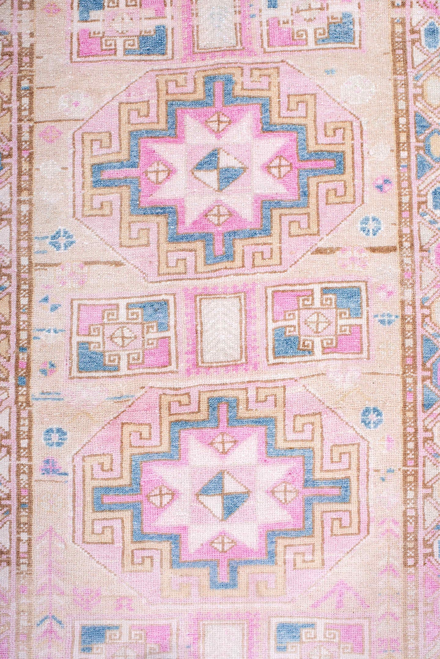 3' x 9' one-of-a-kind handmade antique Sarab runner rug. Color palette: ivory, blush, sky blue, camel, taupe, rose, pink