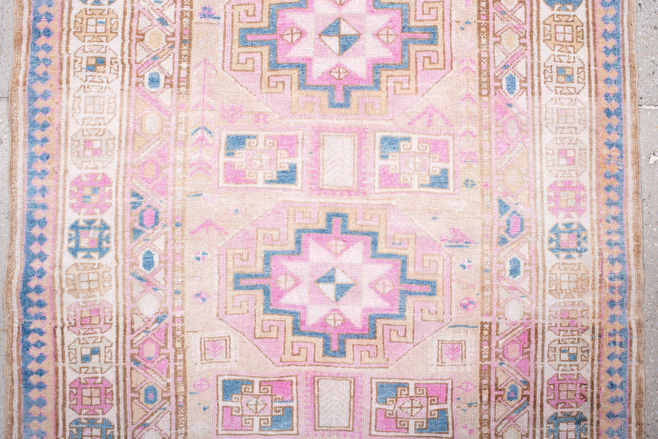 3' x 9' one-of-a-kind handmade antique Sarab runner rug. Color palette: ivory, blush, sky blue, camel, taupe, rose, pink
