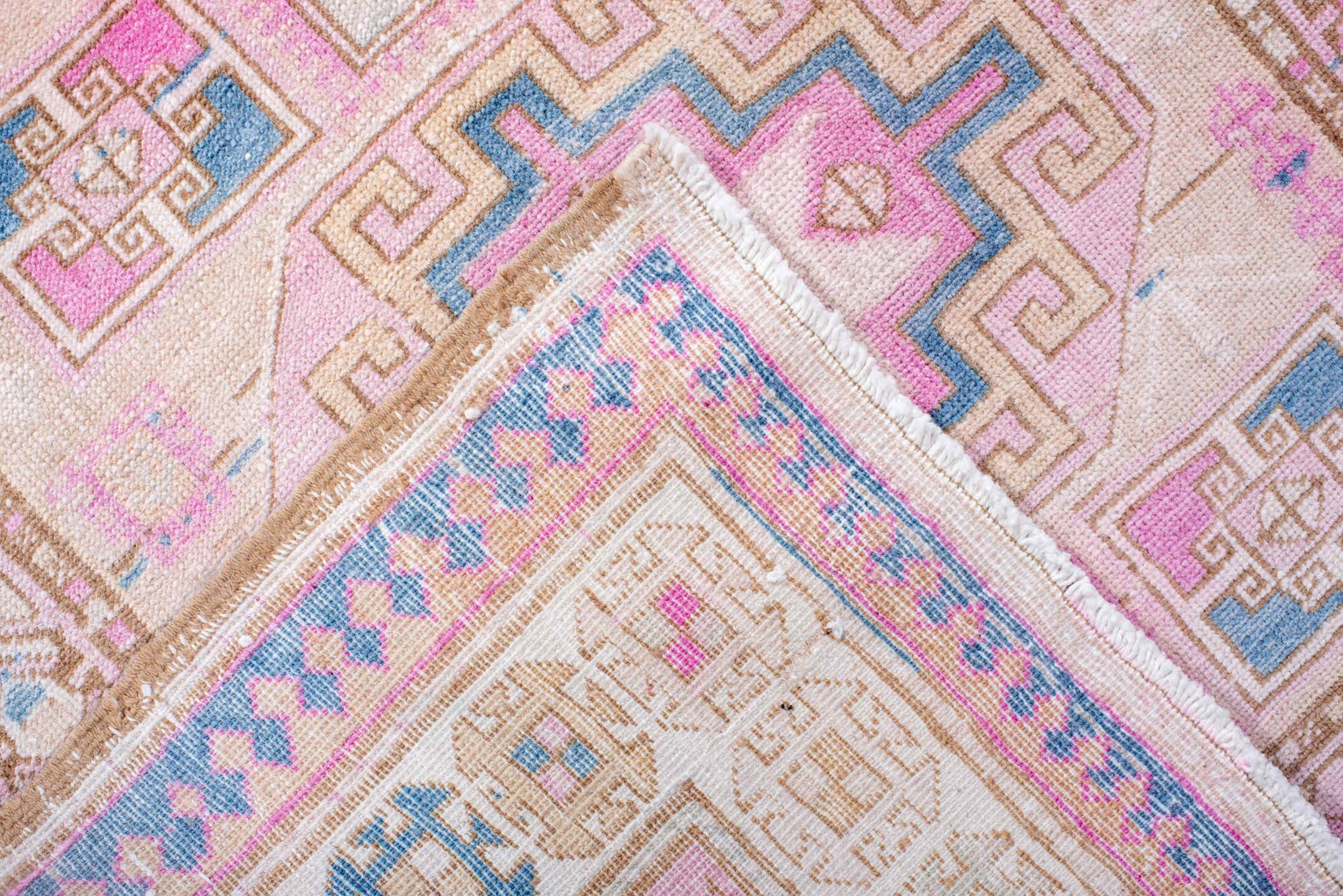 3' x 9' one-of-a-kind handmade vintage Sarab runner rug. Color palette: blue, brown, gray, lavender blush, light blue