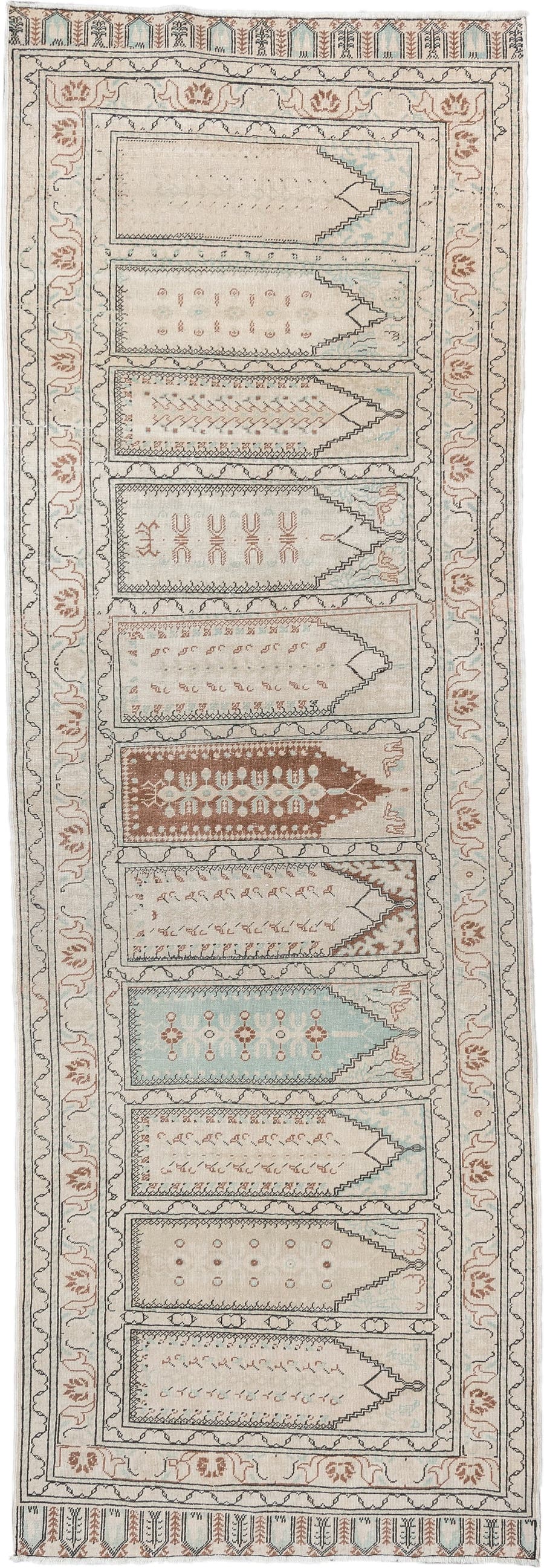 3' x 9' one-of-a-kind handmade antique Kaisary runner rug. Color palette: ivory, taupe, pale aqua, terracotta, camel