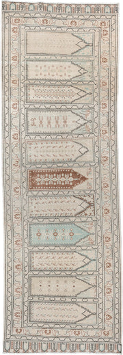 3' x 9' one-of-a-kind handmade antique Kaisary runner rug. Color palette: ivory, taupe, pale aqua, terracotta, camel