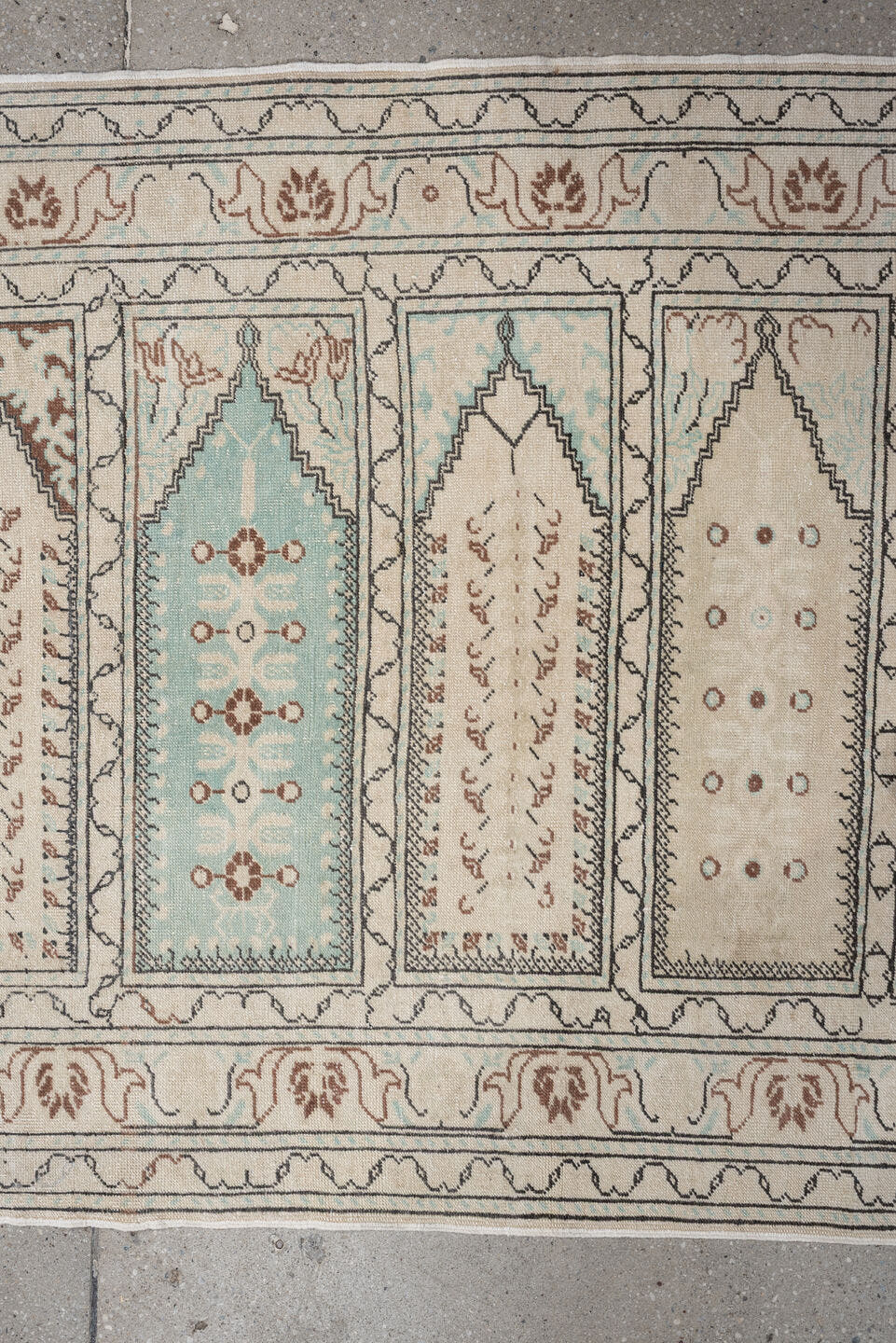 3' x 9' one-of-a-kind handmade antique Kaisary runner rug. Color palette: ivory, taupe, pale aqua, terracotta, camel