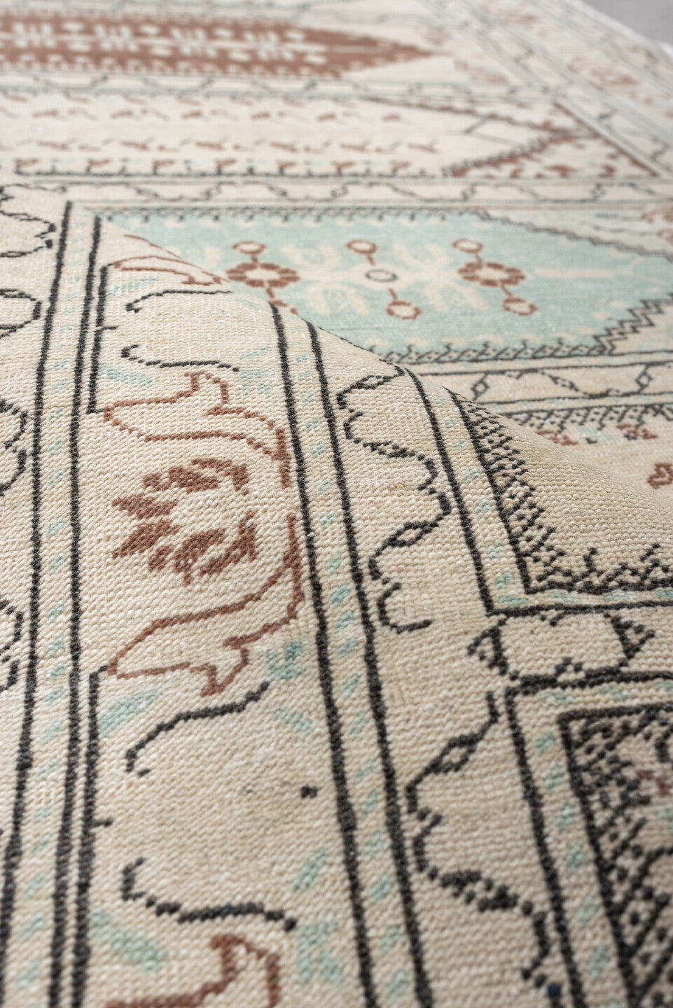 3' x 9' one-of-a-kind handmade antique Kaisary runner rug. Color palette: ivory, taupe, pale aqua, terracotta, camel